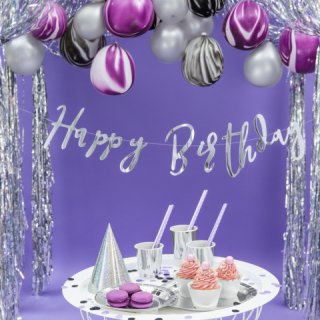 Závěsný banner Happy Birthday, papírový, stříbrná barva - 16.5x62cm (zn. PartyDeco)