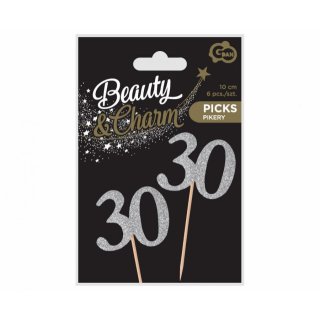 Zápich do dortu 30, stříbrná barva, 10cm - set 6ks (zn. Godan)