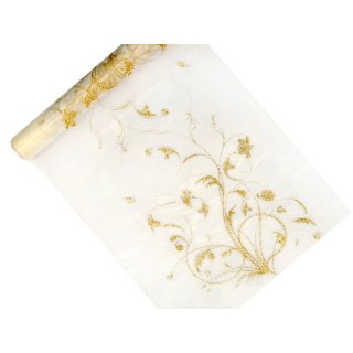 Organza, krémová se zlatým potiskem, 0.36/9m (zn. PartyDeco)
