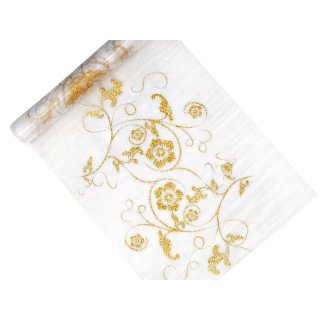 Organza, bílá se zlatým potiskem, 0.36/9m