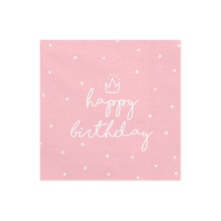 Ubrousky třívrstvé, růžové, happy birthday, 33*33cm (zn. PartyDeco)