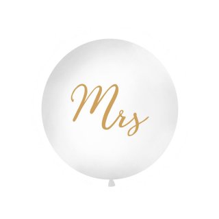 Velký balónek 1m bílý, se zlatým nápisem "Mrs"