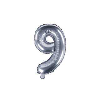 Fóliový balónek, výška 35 cm, stříbrný, číslo 9 (zn. PartyDeco)