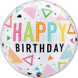 BUBLINA balónek Bubble Happy Birthday - duhové trojúhelníky, velikost 56cm (zn. Qualatex)