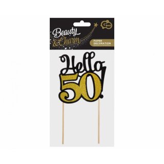 Papírová dekorace Hello 50!, narozeninový zápich, zlato-černá barva s glitry, velikost 10x19cm (zn. Godan)