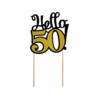 Papírová dekorace Hello 50!, narozeninový zápich, zlato-černá barva s glitry, velikost 10x19cm (zn. Godan)