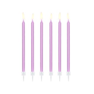Narozeninové svíčky dlouhé úzké, 14cm, fialová barva, set 12ks + držáčky (zn. PartyDeco)