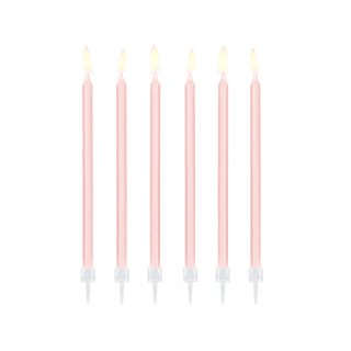 Narozeninové svíčky dlouhé úzké, 14cm, růžová barva, set 12ks + držáčky (zn. PartyDeco)