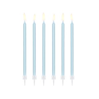 Narozeninové svíčky dlouhé úzké, 14cm, modrá barva, set 12ks + držáčky (zn. PartyDeco)