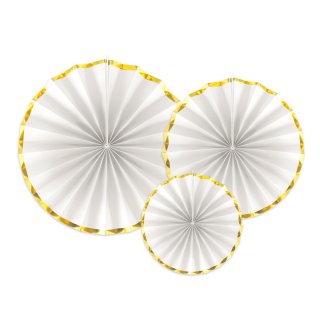 Dekorativní závěsné rozety, bílé se zlatým lemem, 23-40cm, set 3ks (zn. PartyDeco)