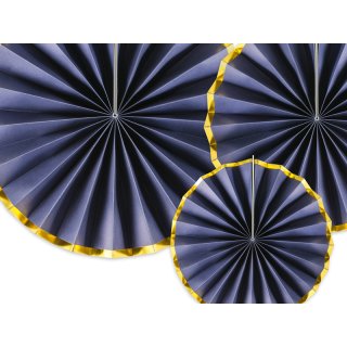 Dekorativní závěsné rozety, tmavě modrá se zlatým lemem, 23-40cm, set 3ks (zn. PartyDeco)