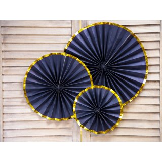 Dekorativní závěsné rozety, tmavě modrá se zlatým lemem, 23-40cm, set 3ks (zn. PartyDeco)