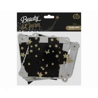 Závěsný banner/girlanda Šťastný Nový rok/Happy New Year, černá se zlatými hvězdami, délka 180cm (zn. Godan)