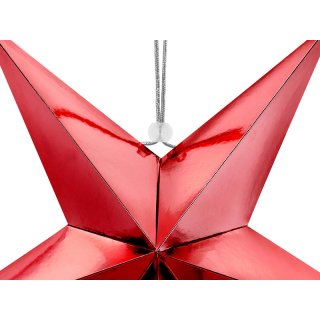 Papírová pěticípá 3D HVĚZDA, červená zrcadlová barva, průměr 45m + provázek (zn. PartyDeco)