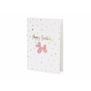 Blahopřání Happy Birthday se smalt odznakem Balónkový pes + obálka se zlatým lemem (zn. PartyDeco)