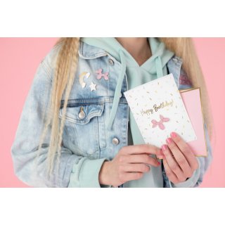 Blahopřání Happy Birthday se smalt odznakem Balónkový pes + obálka se zlatým lemem (zn. PartyDeco)
