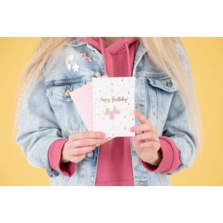 Blahopřání Happy Birthday se smalt odznakem Balónkový pes + obálka se zlatým lemem (zn. PartyDeco)