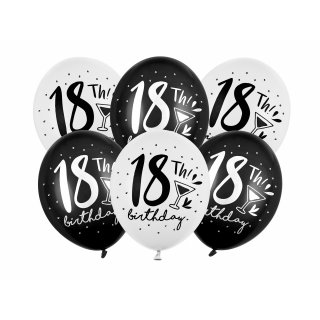 Latexové balónky pro 18. narozeniny / 18th birthday, černé a bílé, velikost 30cm - set 6ks (zn. PartyDeco)