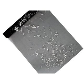 Tištěná luxusní organza, černá se stříbrnými květinovými vzory, šířka 36cm / délka 9m (zn. PartyDeco)