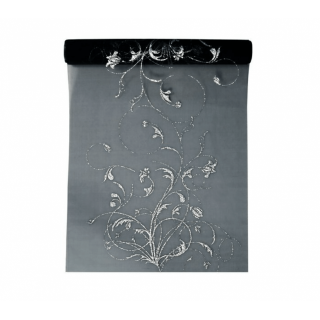 Tištěná luxusní organza, černá se stříbrnými květinovými vzory, šířka 36cm / délka 9m (zn. PartyDeco)