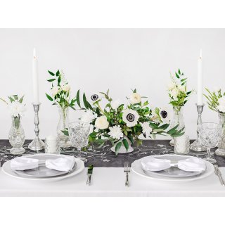 Tištěná luxusní organza, černá se stříbrnými květinovými vzory, šířka 36cm / délka 9m (zn. PartyDeco)