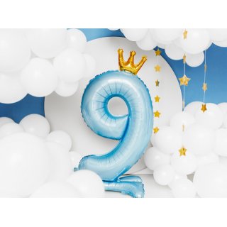 Stojací fóliová ČÍSLICE 9 s korunkou, nebesky modrá, velikost 84cm (zn. PartyDeco)