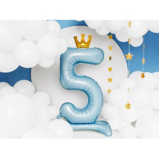 Stojací fóliová ČÍSLICE 5 s korunkou, nebesky modrá, velikost 84cm (zn. PartyDeco)