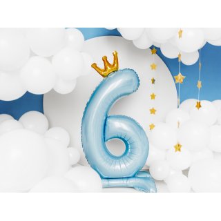 Stojací fóliová ČÍSLICE 6 s korunkou, nebesky modrá, velikost 84cm (zn. PartyDeco)