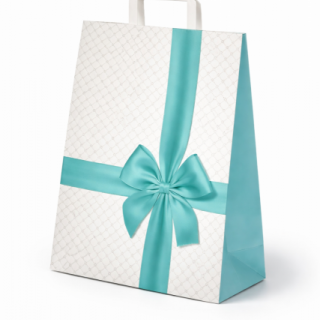 Taška papírová PRESENT s tyrkysovou mašlí, rozměr 32x13x41cm, bílá barva