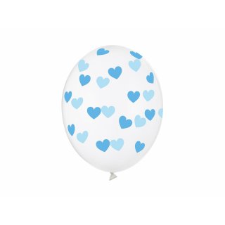 Latexový balónek křišťálově čirý / průhledný s potiskem, modrá srdíčka, velikost 30cm (zn. StrongBalloons)