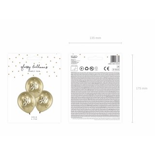 Latexové narozeninové balónky pro 30. narozeniny, chromové, zlatá barva, velikost 30cm - set 6ks (zn. GlossyBalloons)