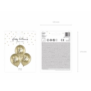 Lesklé balónky 30cm, 90. narozeniny, zlaté, set 6ks