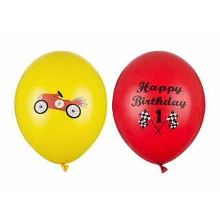 Latexový balónek 1. narozeniny Autíčka / ZÁVOD -  happy birhday, červené a žluté, velikost 30cm, mix 2 vzorů (zn. StrongBalloons)