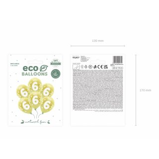 Latexové balónky - ČÍSLO 6 pro 6. narozeniny, metalické, žlutá / světle zlatá barva, velikost 33cm - set 6ks (zn. EcoBalloons)