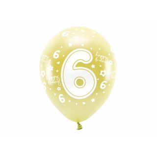 Latexové balónky - ČÍSLO 6 pro 6. narozeniny, metalické, žlutá / světle zlatá barva, velikost 33cm - set 6ks (zn. EcoBalloons)