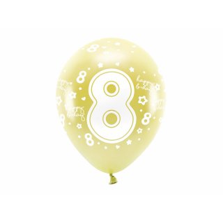 Latexové balónky - ČÍSLO 8 pro 8. narozeniny, metalické, žlutá / světle zlatá barva, velikost 33cm - set 6ks (zn. EcoBalloons)