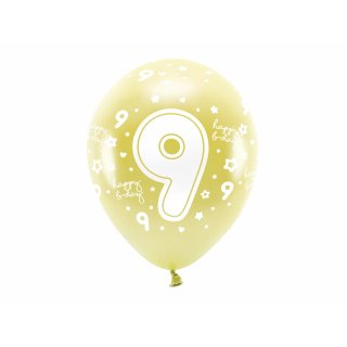 Latexové balónky - ČÍSLO 9 pro 9. narozeniny, metalické, žlutá / světle zlatá barva, velikost 33cm - set 6ks (zn. EcoBalloons)