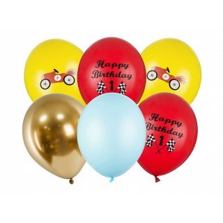 Latexové balónky Happy Birthday / Auta - pro 1. narozeniny, velikost 30cm - set 6ks (zn. PartyDeco)