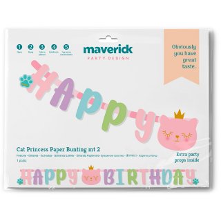 Papírová girlanda KOČKA s korunkou - Happy birthday / všechno nejlepší, délka 2m (zn. GRABO)