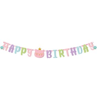 Papírová girlanda KOČKA s korunkou - Happy birthday / všechno nejlepší, délka 2m (zn. GRABO)