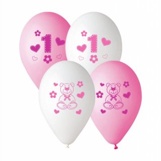 Latexové balónky pro 1. rok holčičky, bílo-růžové, velikost 30cm - set 5ks (zn. GEMAR)