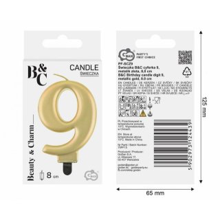 Svíčka na dort, ČÍSLICE 9, zlatá metalická barva - velikost 8cm (zn. Godan-kolekce Beauty&Charm)