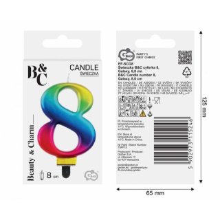 Svíčka na dort, ČÍSLICE 8, GALAXY duhová barva - velikost 8cm (zn. Godan-kolekce Beauty&Charm)