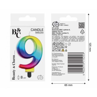 Svíčka na dort, ČÍSLICE 9, GALAXY duhová barva - velikost 8cm (zn. Godan-kolekce Beauty&Charm)