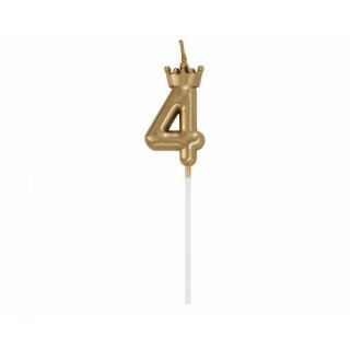 Svíčka na dort, ČÍSLICE 4, s korunkou - zlatá barva - velikost 6cm (zn. Godan)