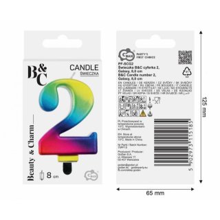 Svíčka na dort, ČÍSLICE 2, GALAXY duhová barva - velikost 8cm (zn. Godan-kolekce Beauty&Charm)