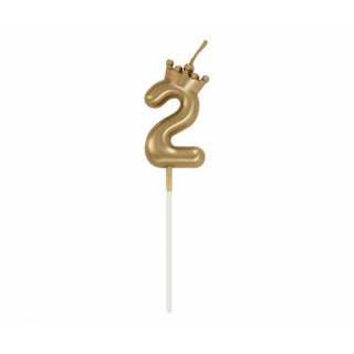 Svíčka na dort, ČÍSLICE 2, s korunkou - zlatá barva - velikost 6cm (zn. Godan)