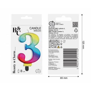 Svíčka na dort, ČÍSLICE 3, GALAXY duhová barva - velikost 8cm (zn. Godan-kolekce Beauty&Charm)