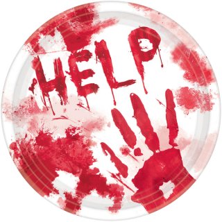 TALÍŘKY papírové - HELP krvavé, bílo-červené, průměr 23cm - set 8ks (zn. Amscan)