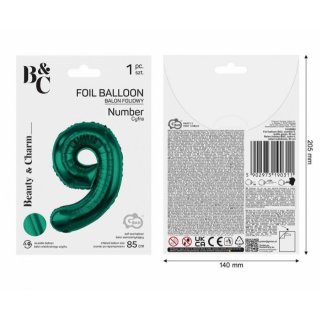 Fóliová ČÍSLICE 9, smaragdově zelená barva, velikost 85cm (zn. Godan, Beauty&Charm)
